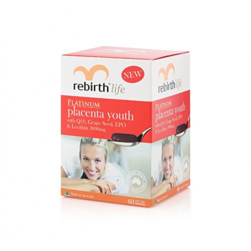 Rebirth Platinum Placenta Youth with Q10. Grape Seed & EPO 3,000 mg/ Size 60c (RL20) Rebirth Platinum Placenta Youth with Q10. Grape Seed & EPO 3,000 mg/ Size 60c (RL20)